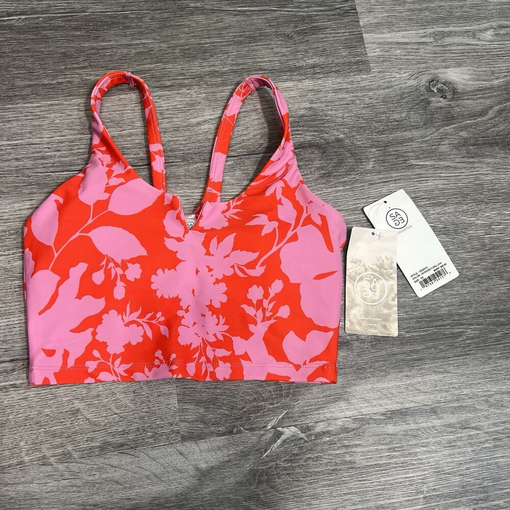 Sage‎ Collective Hot House Floral Lava pink red fun sports bra Top Size XS NWT